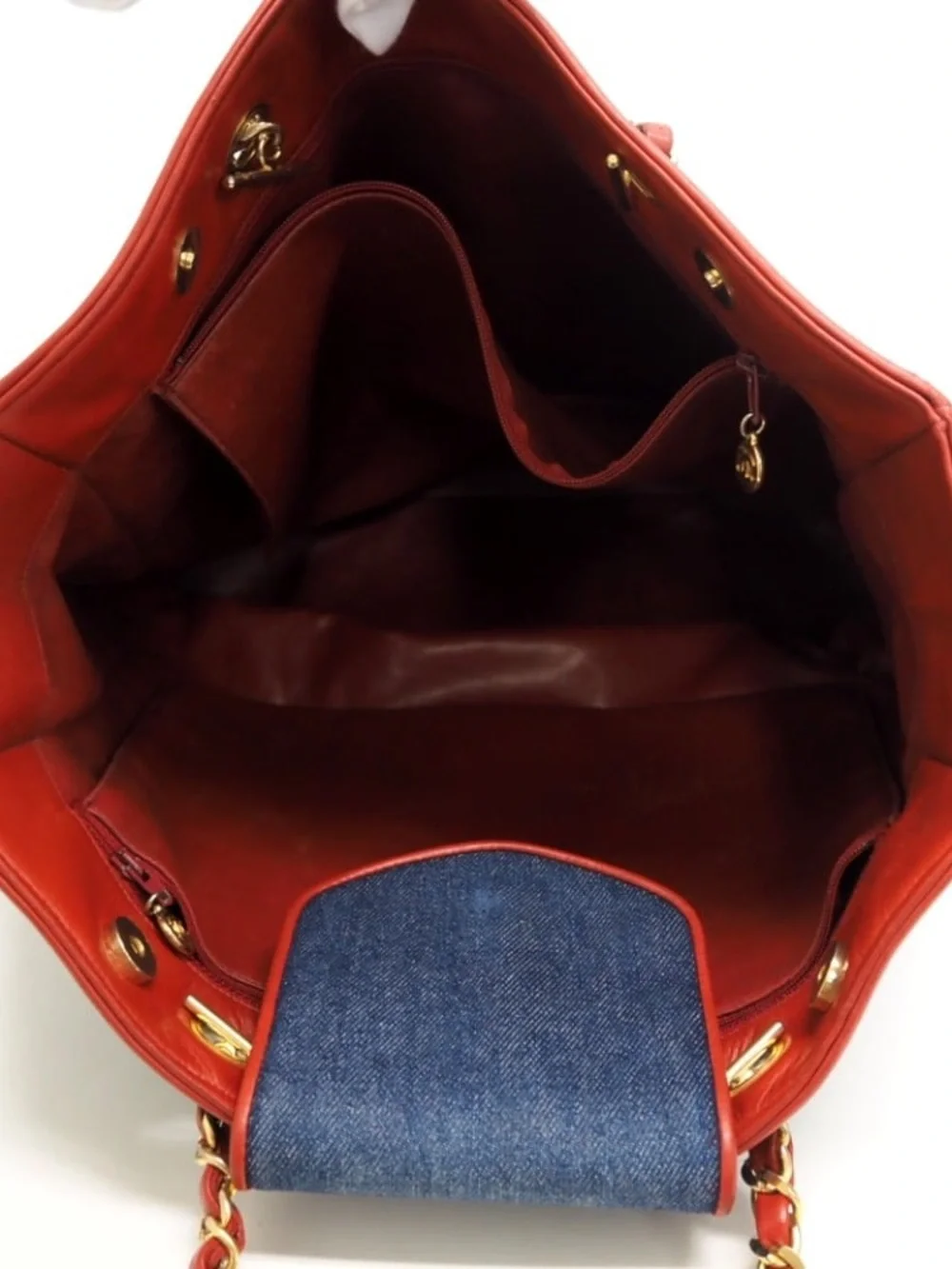 Authentic CHANEL denim red leather 1990s Jeans charm tote - Picture 9 of 14
